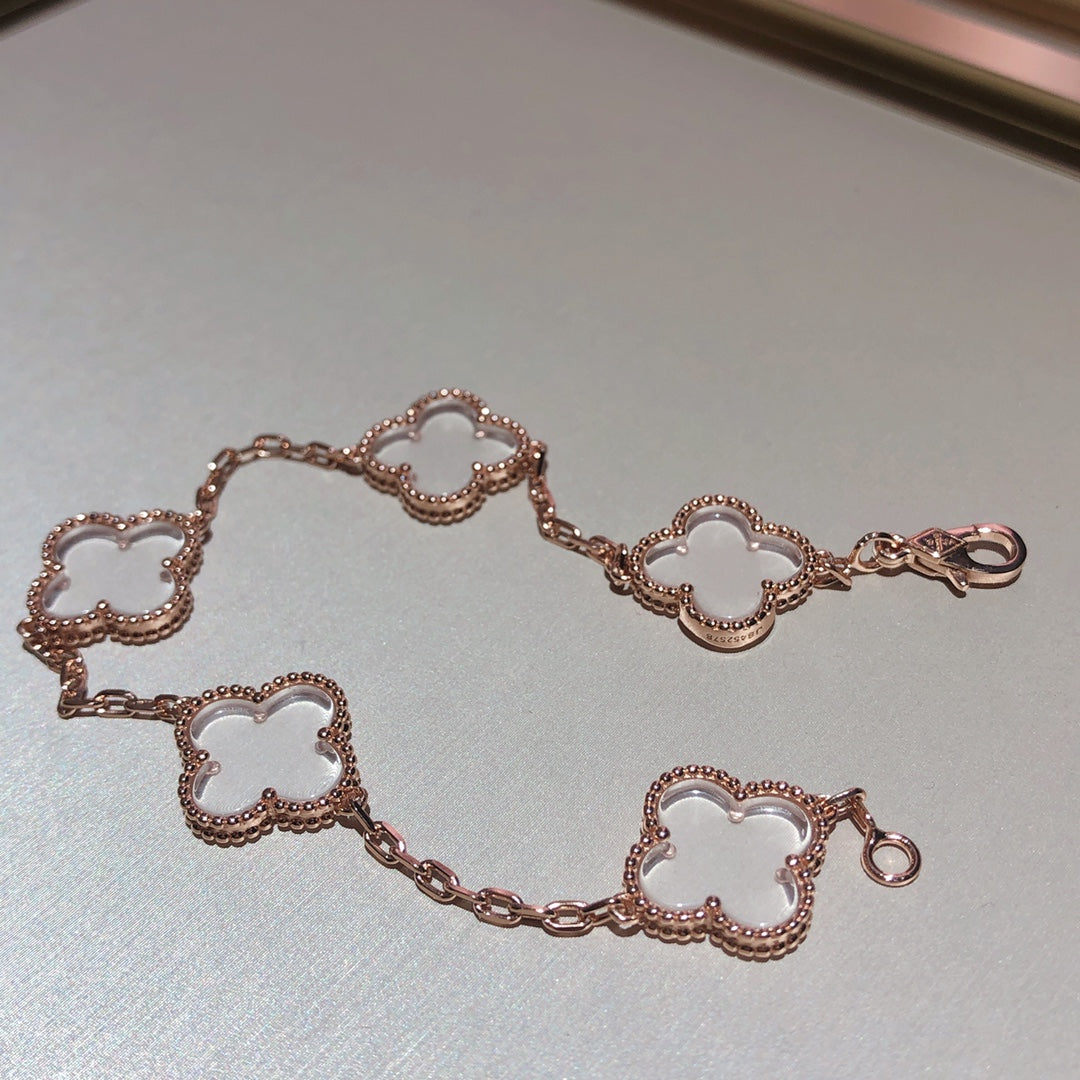 [Pearl Jewelrys]CLOVER 5 MOTIF ROCK CRYSTAL PINK GOLD BRACELET