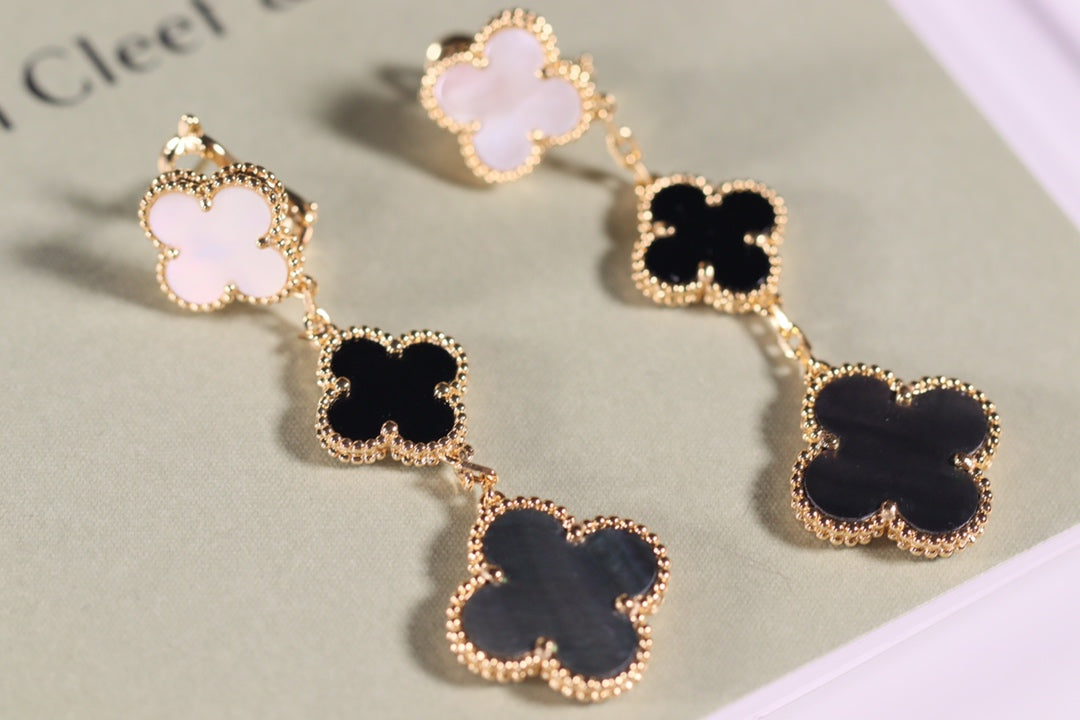 [Pearl Jewelrys]CLOVER EARRINGS GOLD ONYX MOP 3 MOTIF