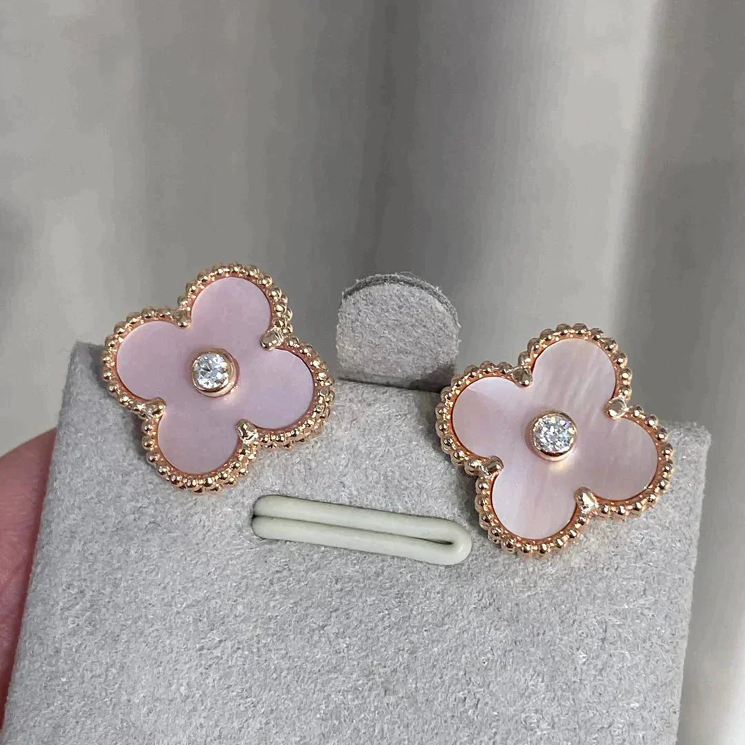 [Pearl Jewelrys]CLOVER MEDIUM 1 MOTIFS  PINK MOP DIAMOND EARRINGS