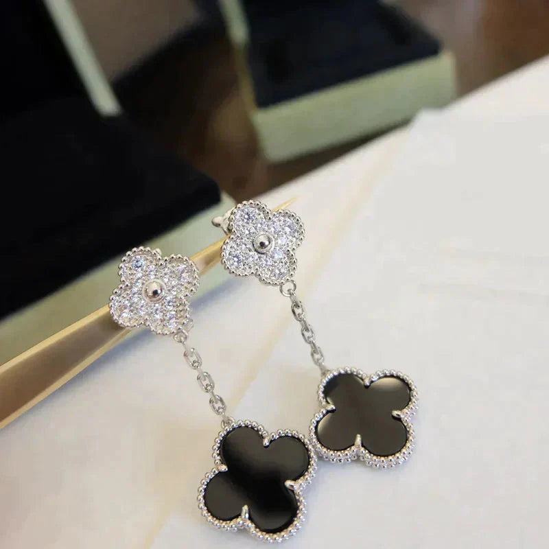 [Pearl Jewelrys]CLOVER 2 MOTIFS  DIAMOND ONYX EARRINGS SILVER