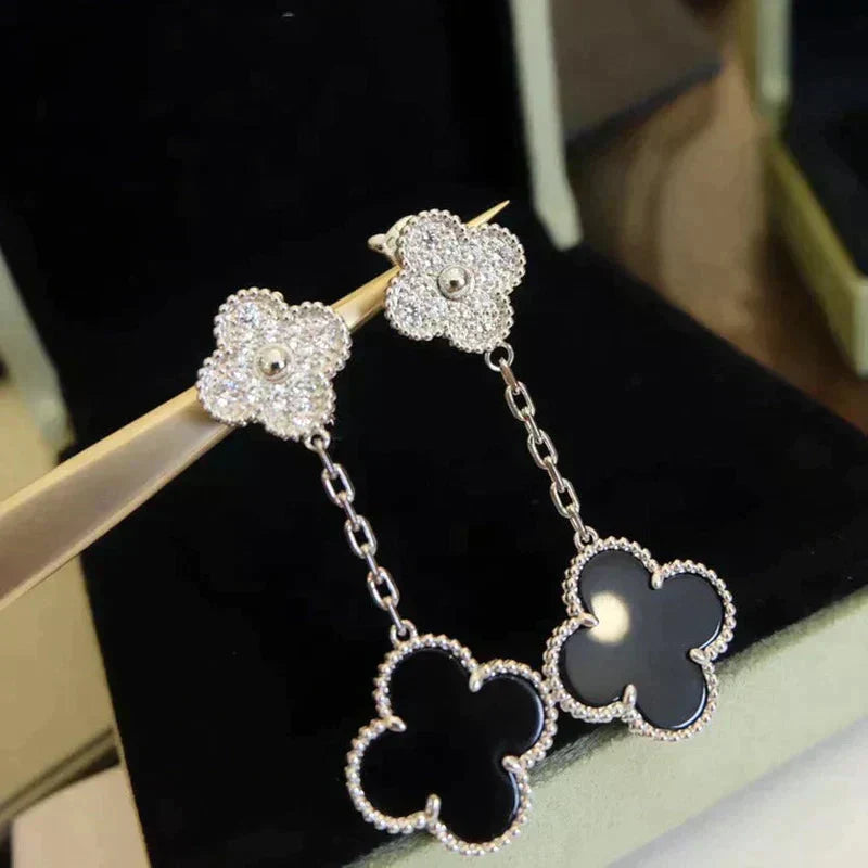 [Pearl Jewelrys]CLOVER 2 MOTIFS  DIAMOND ONYX EARRINGS SILVER
