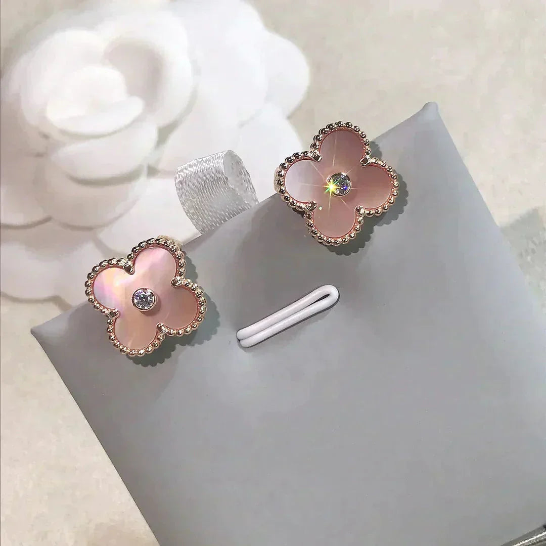 [Pearl Jewelrys]CLOVER MEDIUM 1 MOTIFS  PINK MOP DIAMOND EARRINGS
