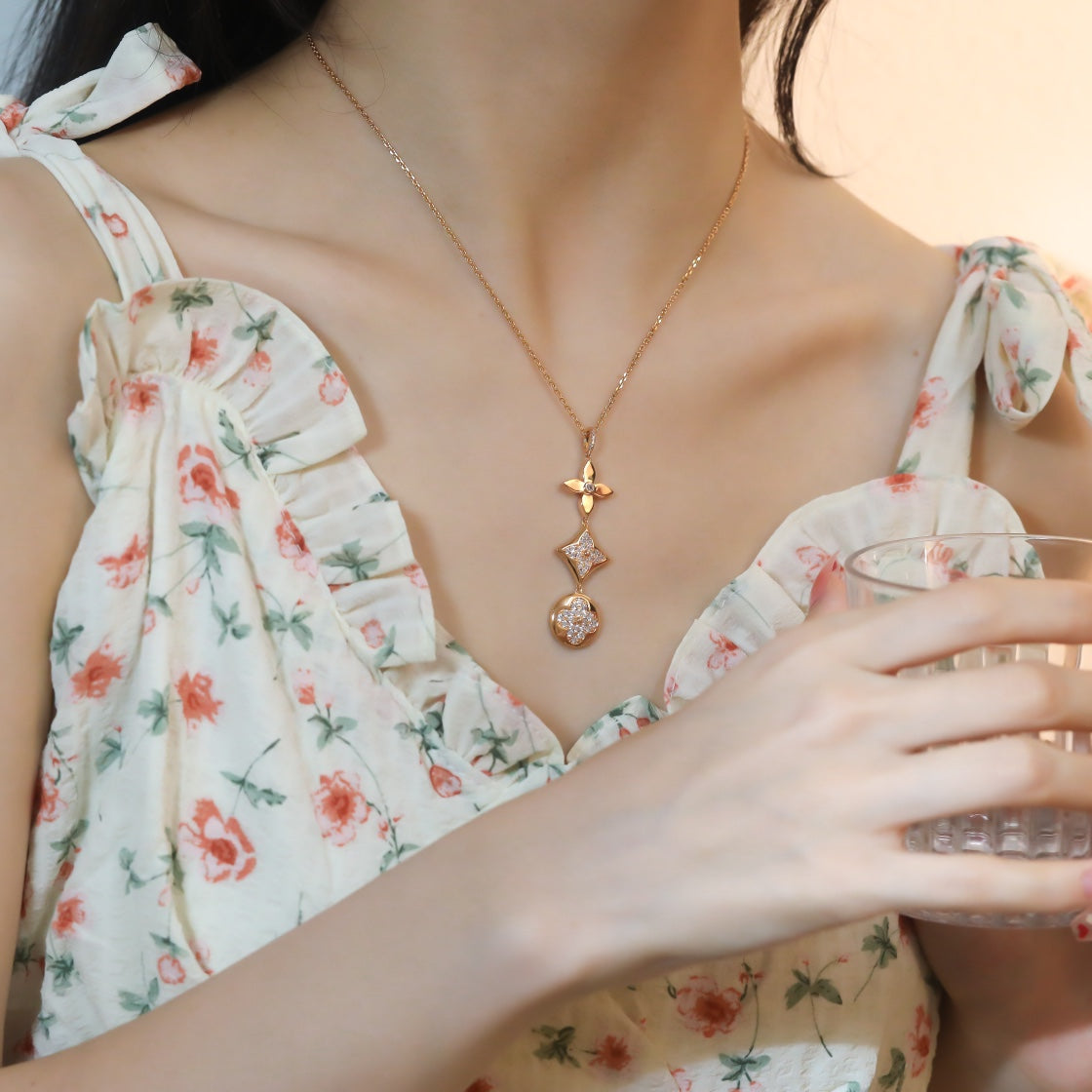 [Pearl Jewelrys]STAR AND SUN DIAMOND PINK GOLD NECKLACE