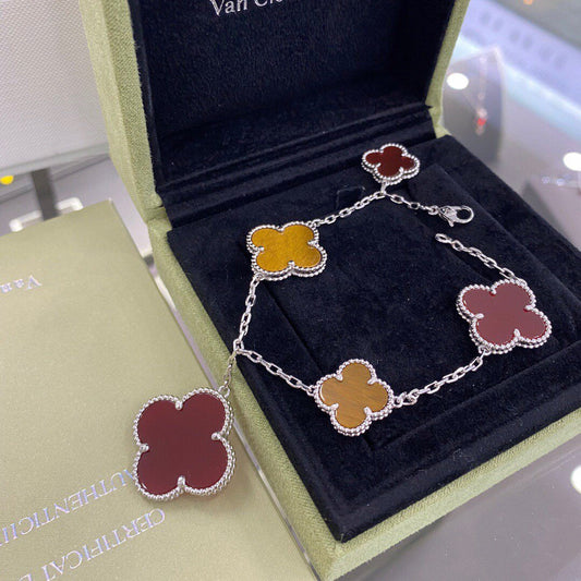 [Pearl Jewelrys]CLOVER 5 MOTIFS SIVLER CARNELIAN TIGER EYE BRACELET