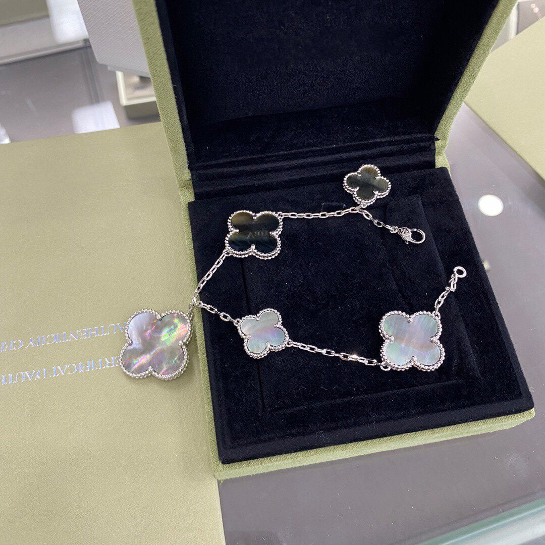 [Pearl Jewelrys]CLOVER 5 MOTIFS SIVLER DARK MOP BRACELET