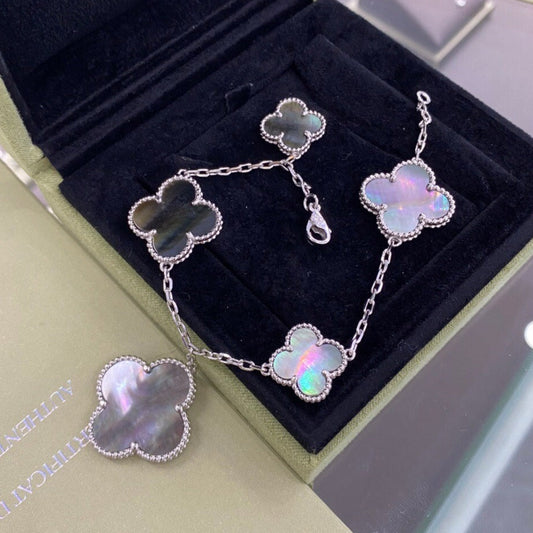 [Pearl Jewelrys]CLOVER 5 MOTIFS SIVLER DARK MOP BRACELET