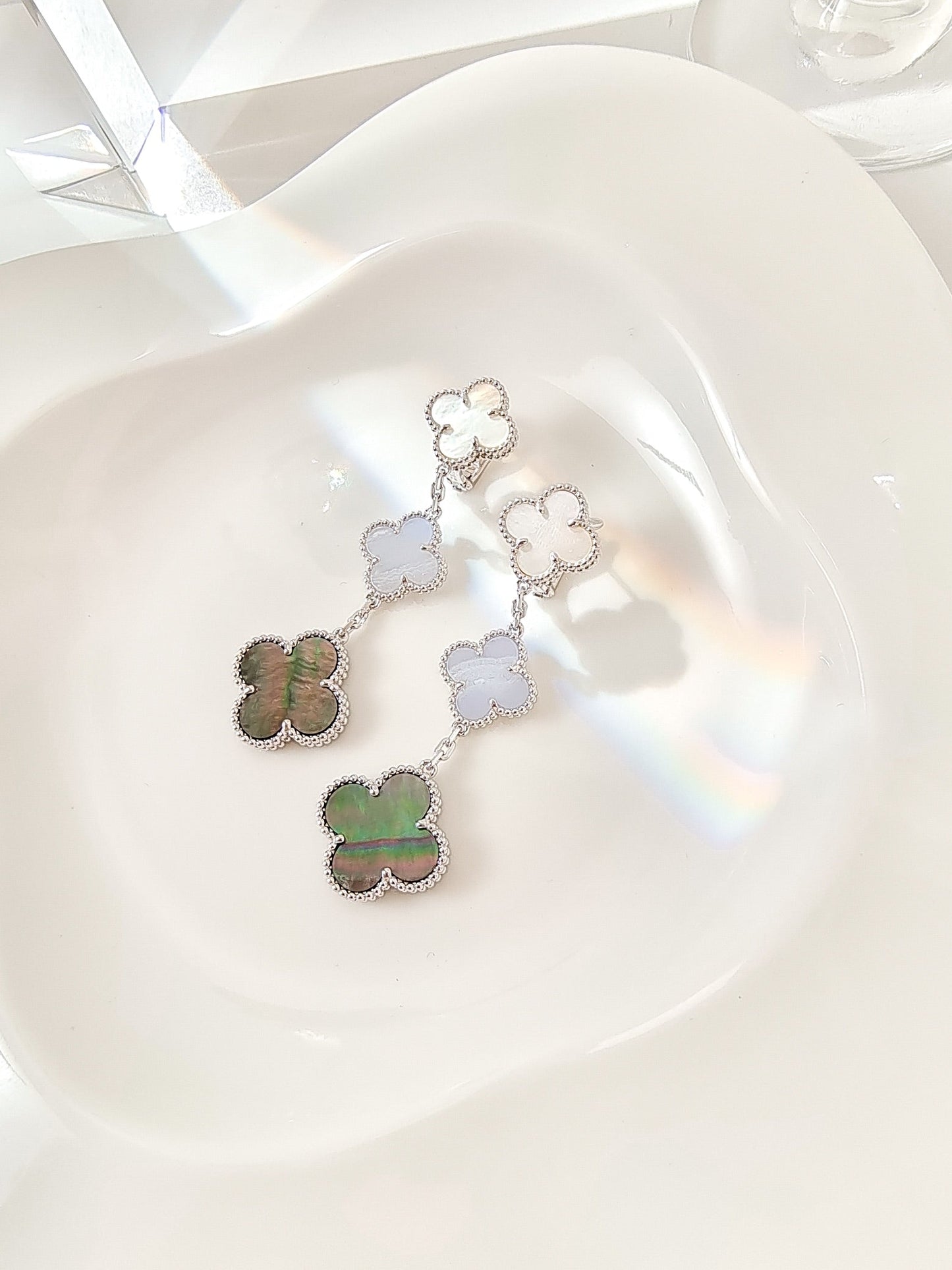 [Pearl Jewelrys]CLOVER 3 MOTIFS CHALCEDONY DARK MOP SILVER EARRINGS
