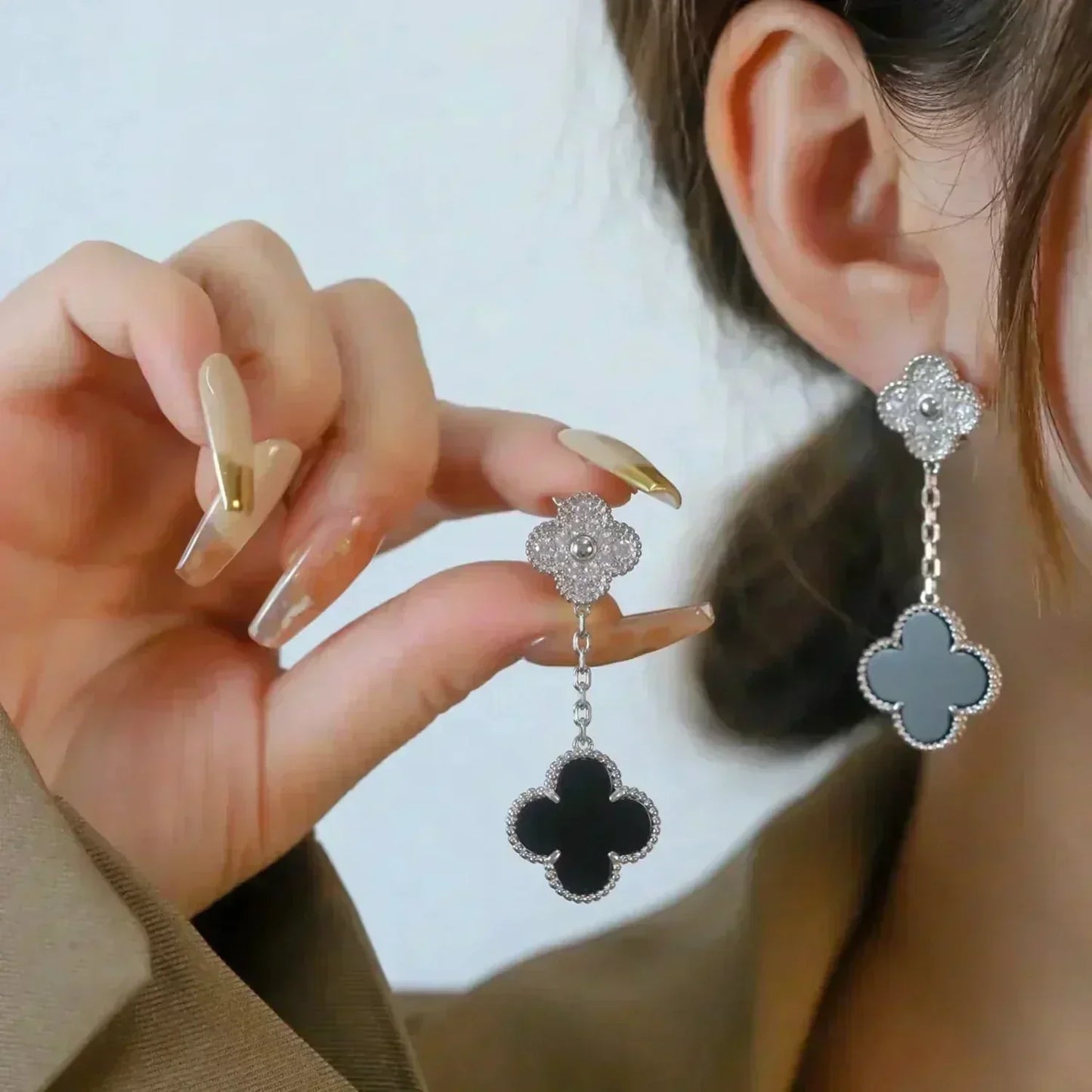 [Pearl Jewelrys]CLOVER 2 MOTIFS  DIAMOND ONYX EARRINGS SILVER