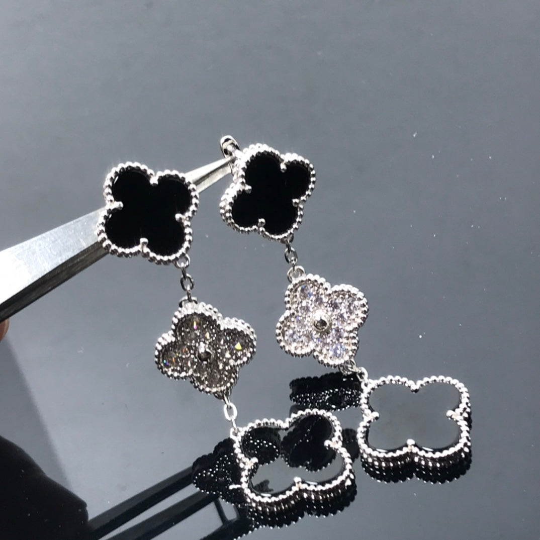 [Pearl Jewelrys]CLOVER 3 MOTIF DIAMOND ONYX SILVER EARRINGS
