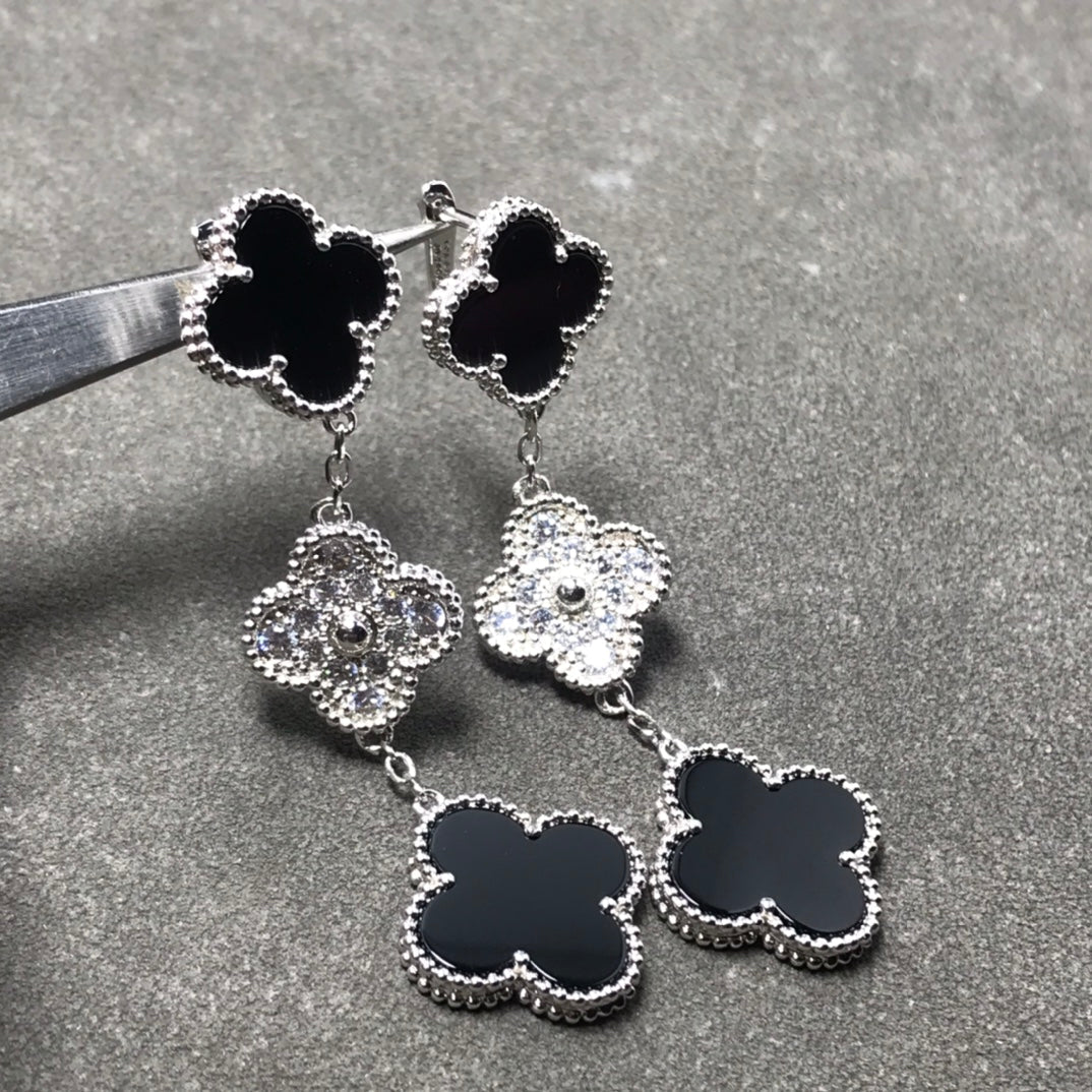 [Pearl Jewelrys]CLOVER 3 MOTIF DIAMOND ONYX SILVER EARRINGS