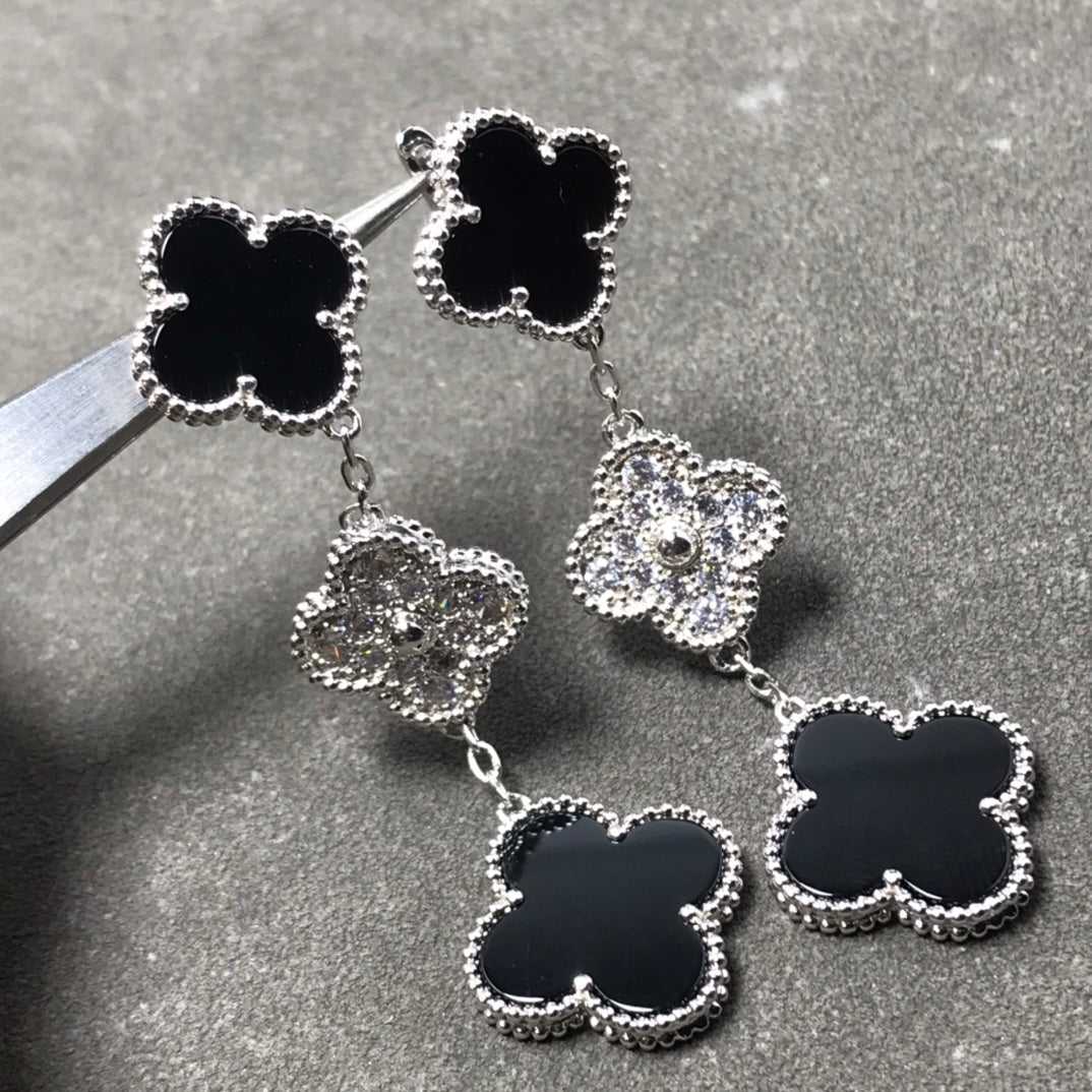 [Pearl Jewelrys]CLOVER 3 MOTIF DIAMOND ONYX SILVER EARRINGS