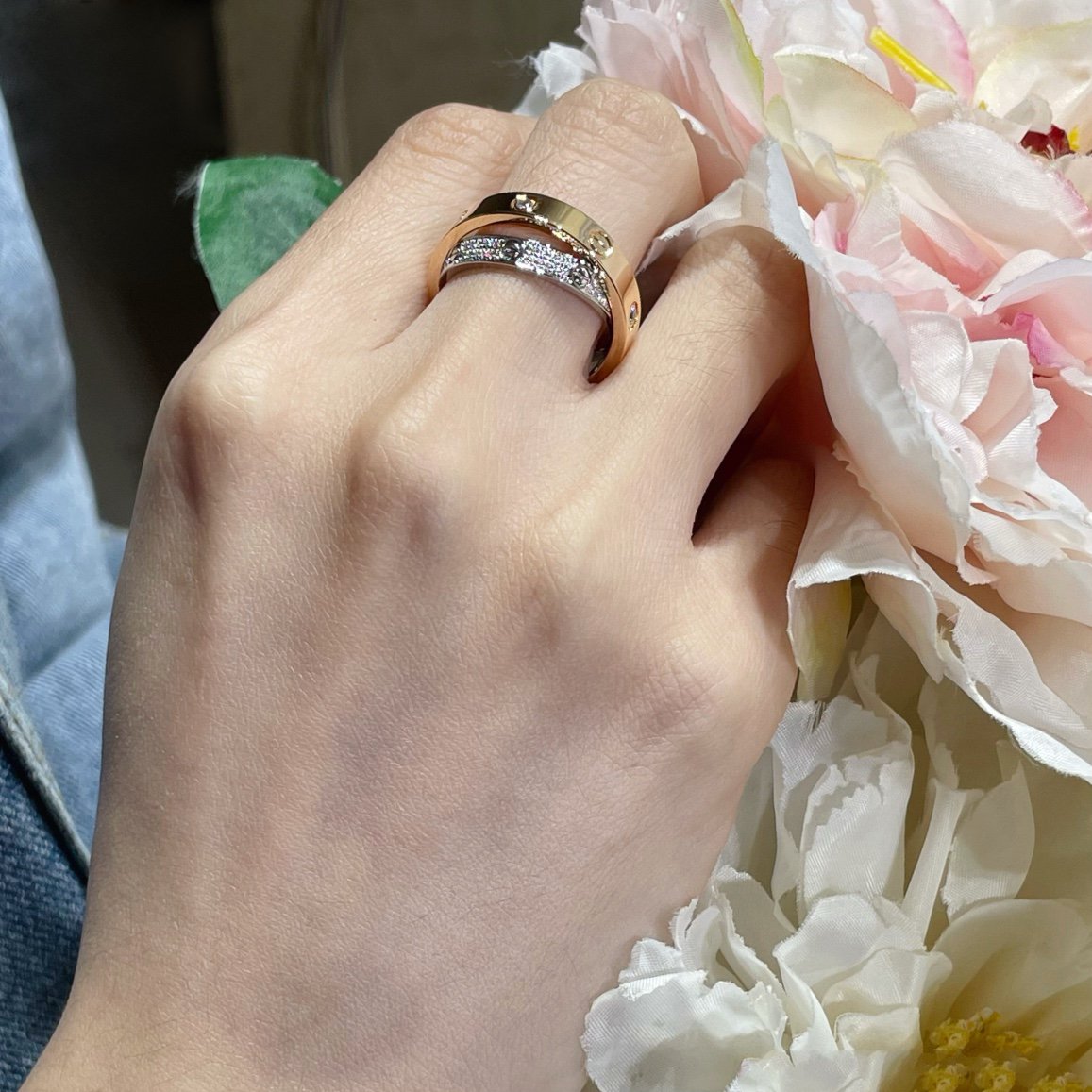 [Pearl Jewelrys]LOVE PINK GOLD SILVER DIAMOND DOUBLE RING