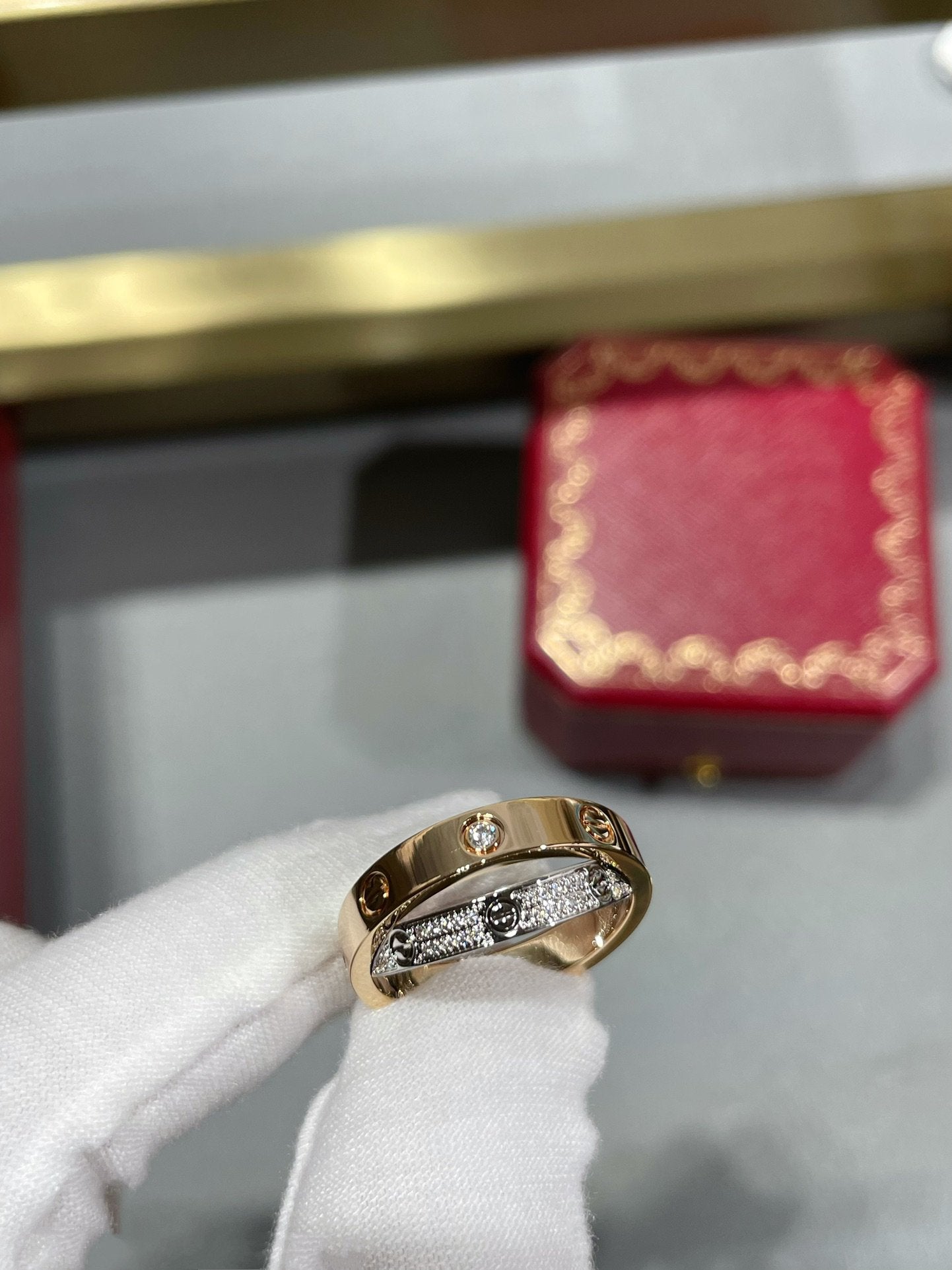 [Pearl Jewelrys]LOVE PINK GOLD SILVER DIAMOND DOUBLE RING