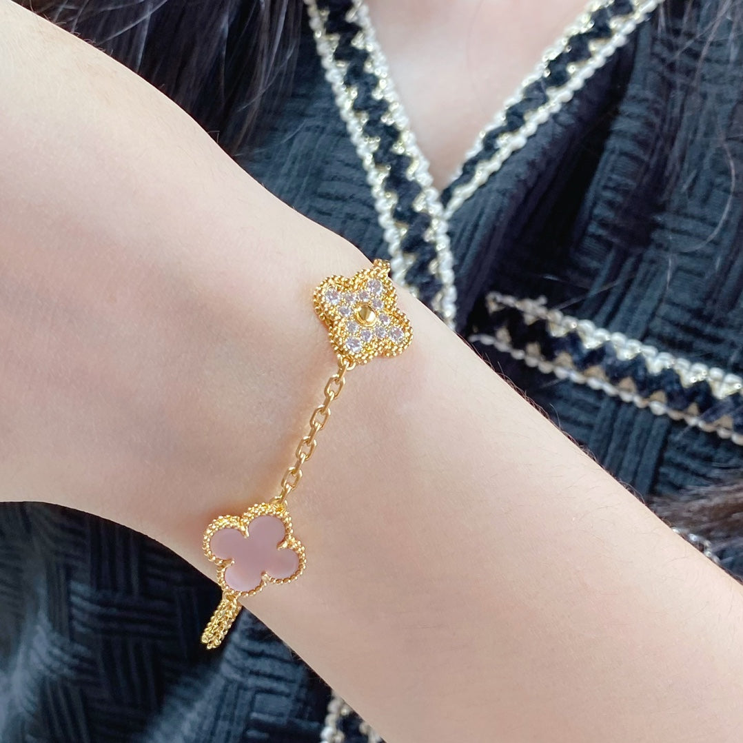 [Pearl Jewelrys]CLOVER 5 MOTIF DIAMOND PINK MOP PINK GOLD BRACELET