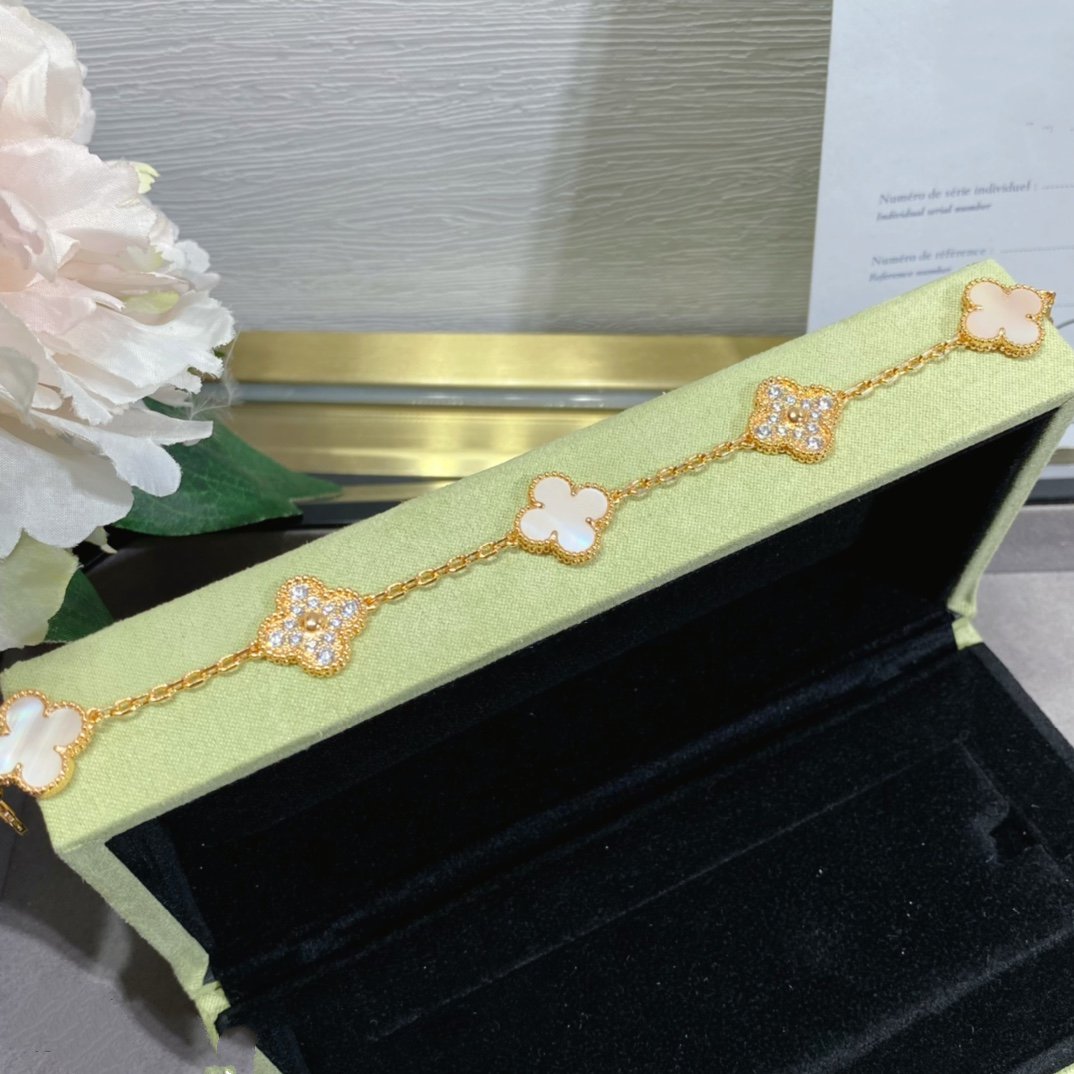 [Pearl Jewelrys]CLOVER 5 MOTIF DIAMOND PINK MOP PINK GOLD BRACELET