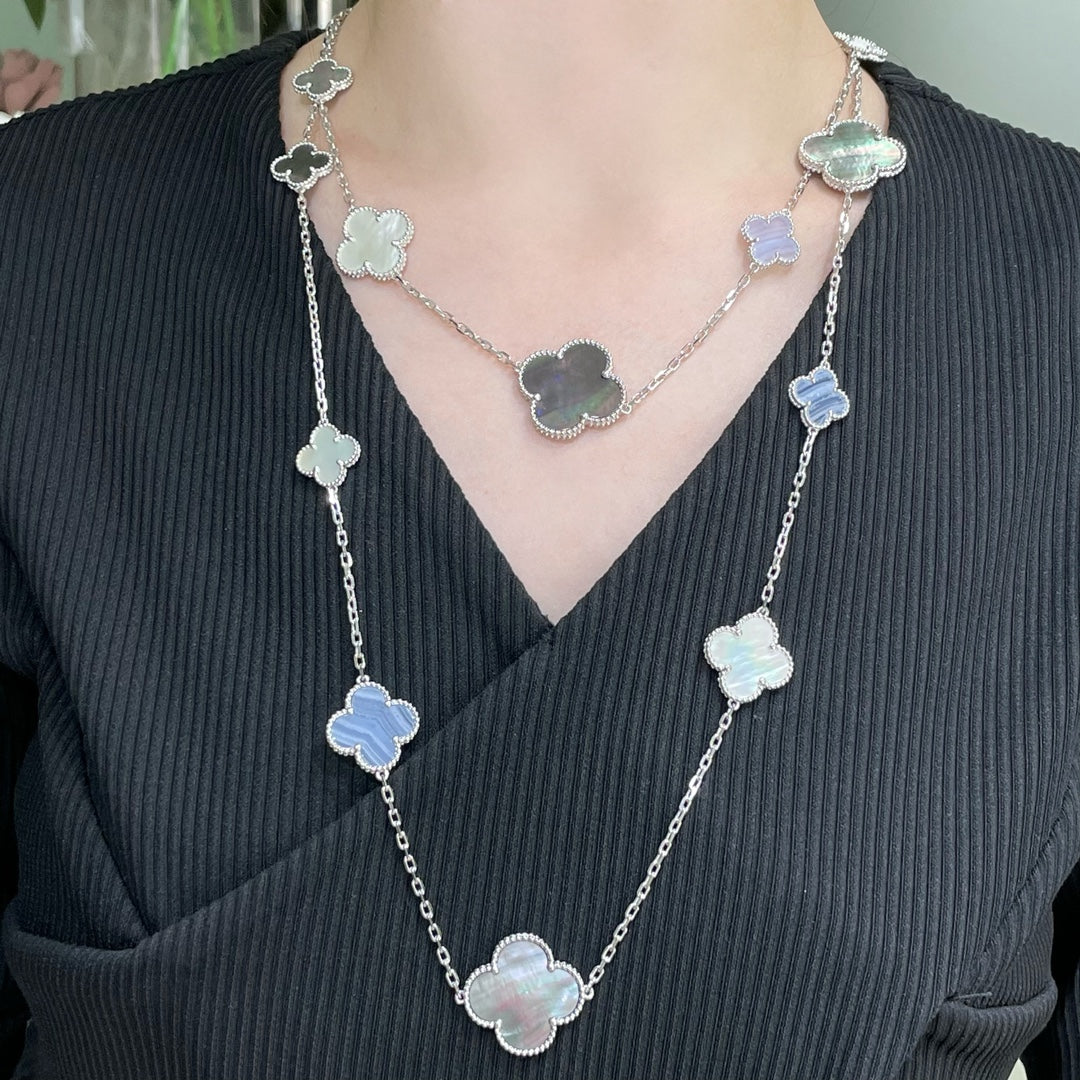 [Pearl Jewelrys]CLOVER 16 MOTIF CHALCEDONY MOP SILVER NECKLACE