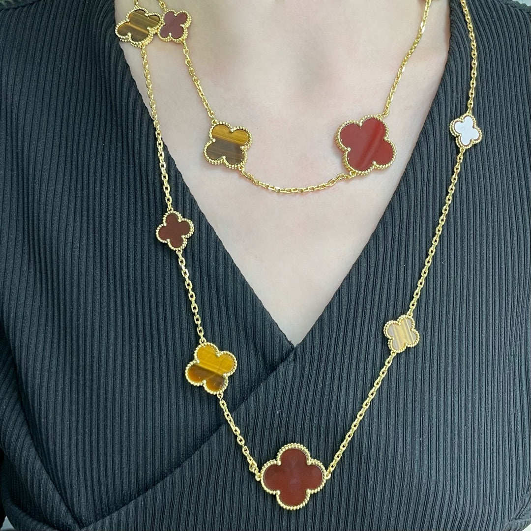[Pearl Jewelrys]CLOVER 16 MOTIF CARNELIAN TIGER EYE ROSE GOLD NECKLACE