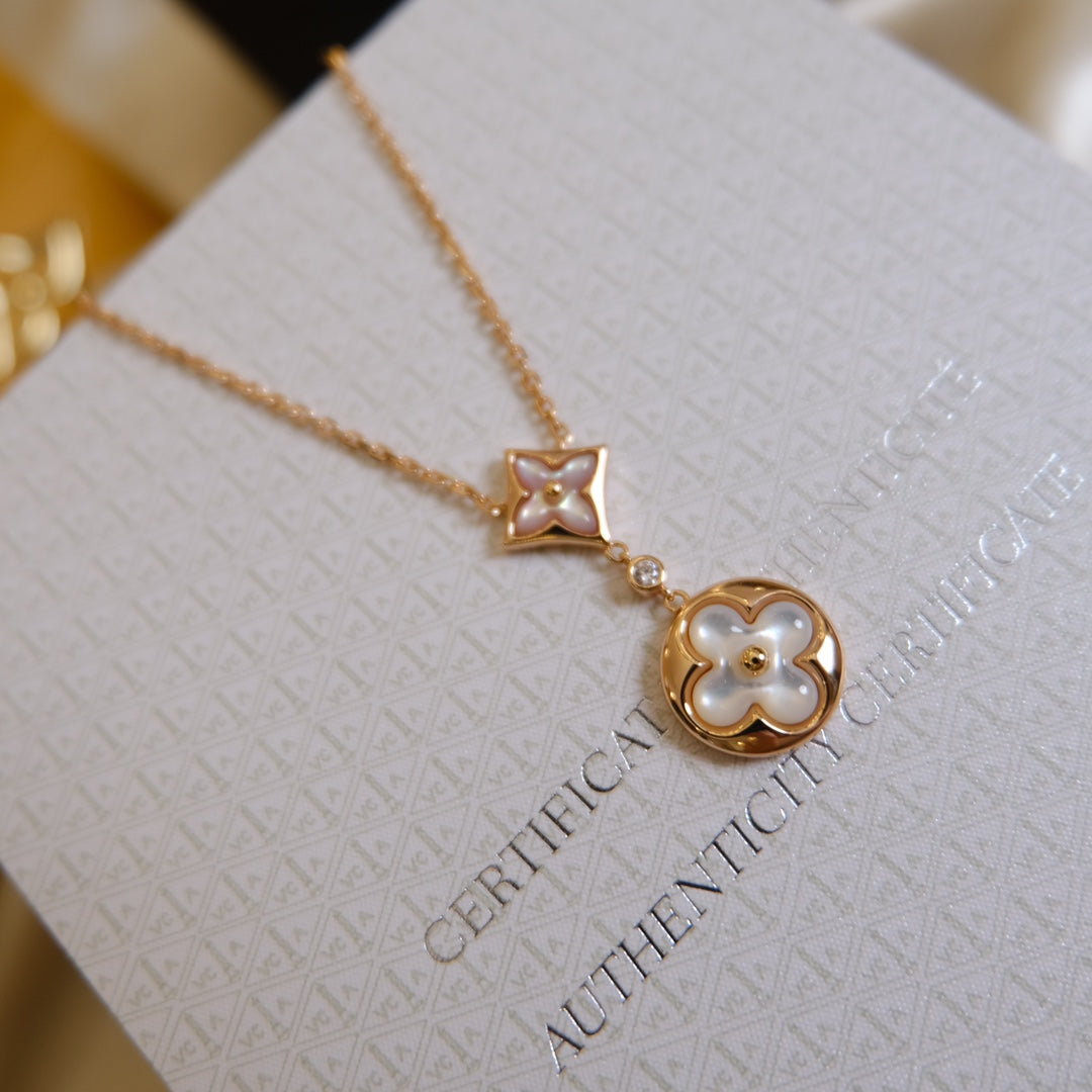 [Pearl Jewelrys]STAR AND SUN WHITE MOP 2 MOTIF PINK GOLD NECKLACE