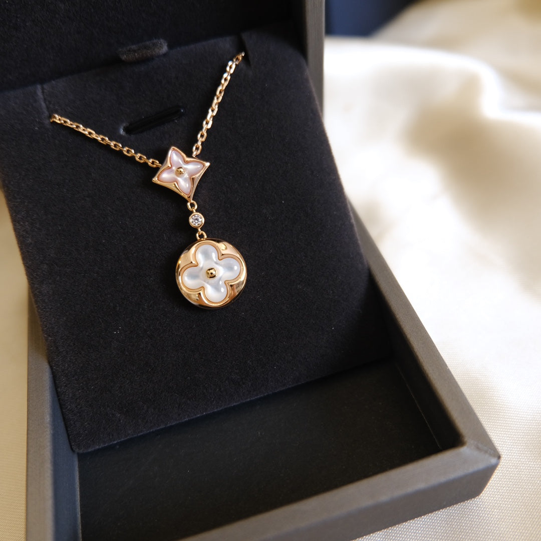 [Pearl Jewelrys]STAR AND SUN WHITE MOP 2 MOTIF PINK GOLD NECKLACE