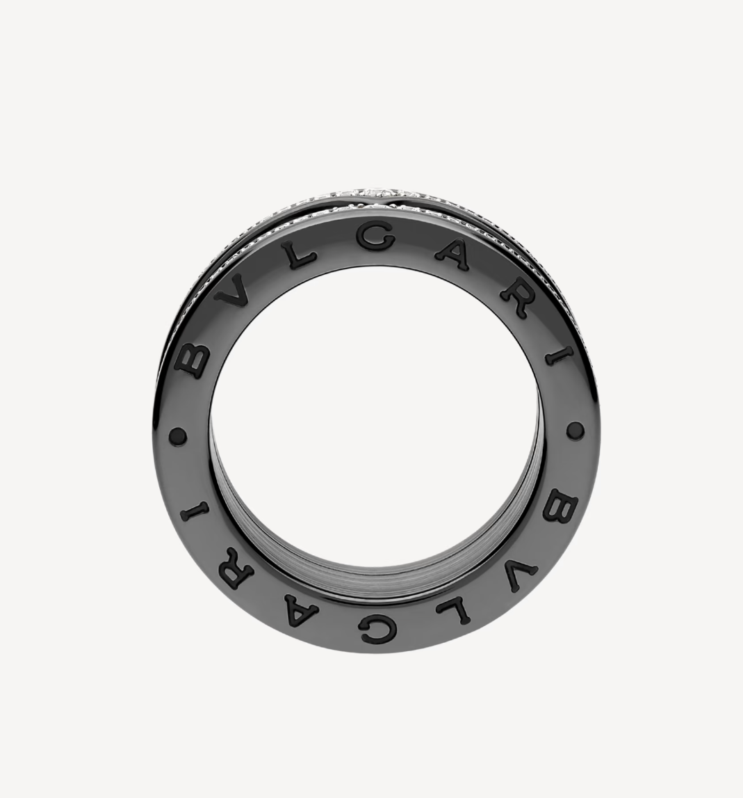[Pearl Jewelrys]ZERO 1 ROCK FOUR-BAND BLACK CERAMIC WITH STUDDED SPIRAL AND PAVED DIAMONDS RING