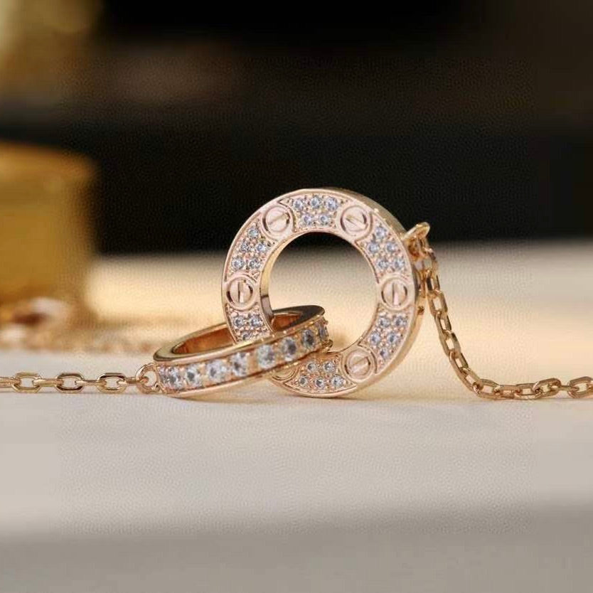 [Pearl Jewelrys]LOVE 7.6MM NECKLACE ROSE GOLD AND SILVER  FULL DIAMOND