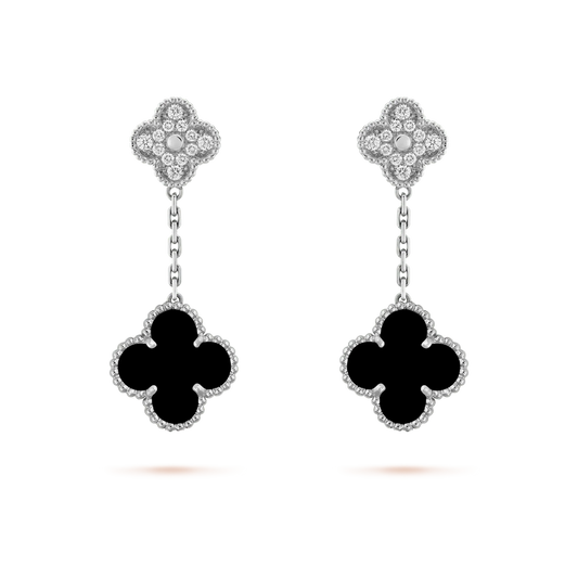 [Pearl Jewelrys]CLOVER 2 MOTIFS  DIAMOND ONYX EARRINGS SILVER