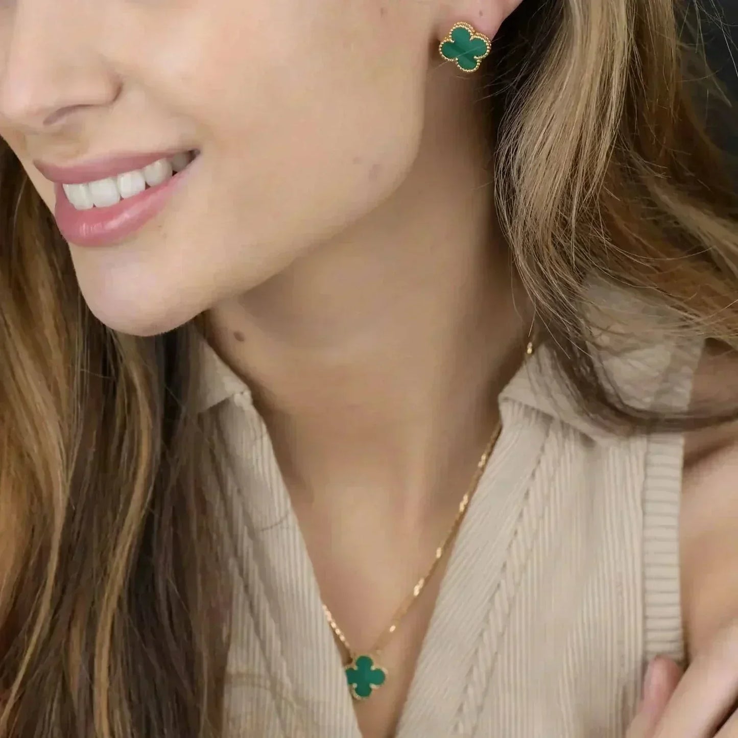 [Pearl Jewelrys]CLOVER MINI 9.5MM MALACHITE  EARRINGS
