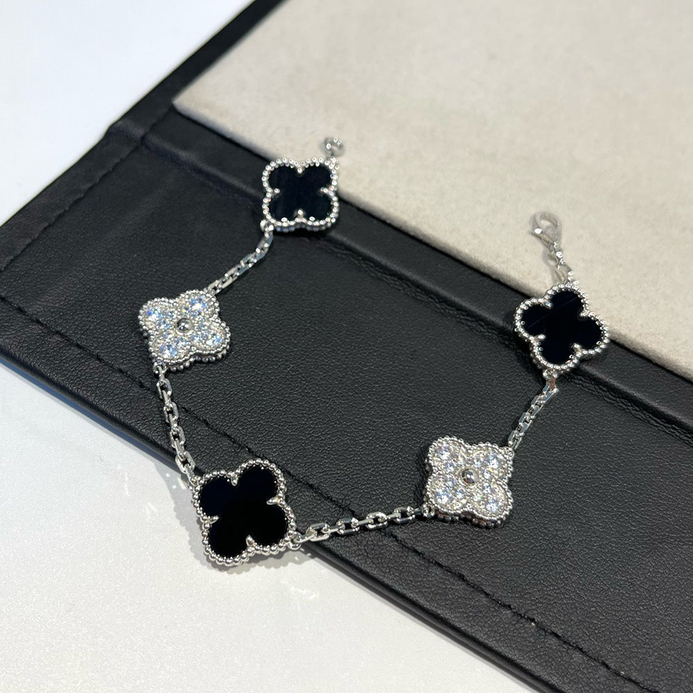 [Pearl Jewelrys]CLOVER 5 MOTIF ONYXS DIAMOND BRACELET SILVER
