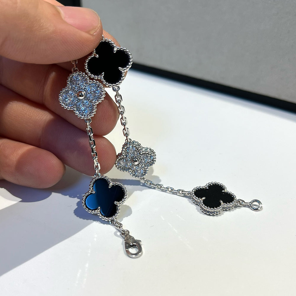 [Pearl Jewelrys]CLOVER 5 MOTIF ONYXS DIAMOND BRACELET SILVER
