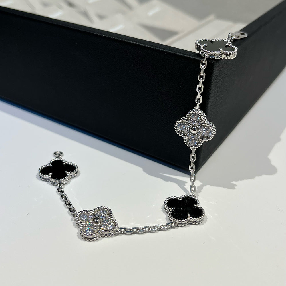 [Pearl Jewelrys]CLOVER 5 MOTIF ONYXS DIAMOND BRACELET SILVER