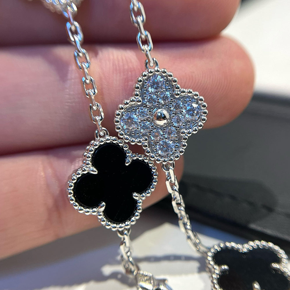 [Pearl Jewelrys]CLOVER 5 MOTIF ONYXS DIAMOND BRACELET SILVER