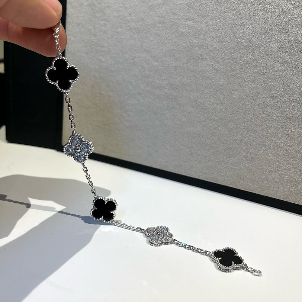 [Pearl Jewelrys]CLOVER 5 MOTIF ONYXS DIAMOND BRACELET SILVER