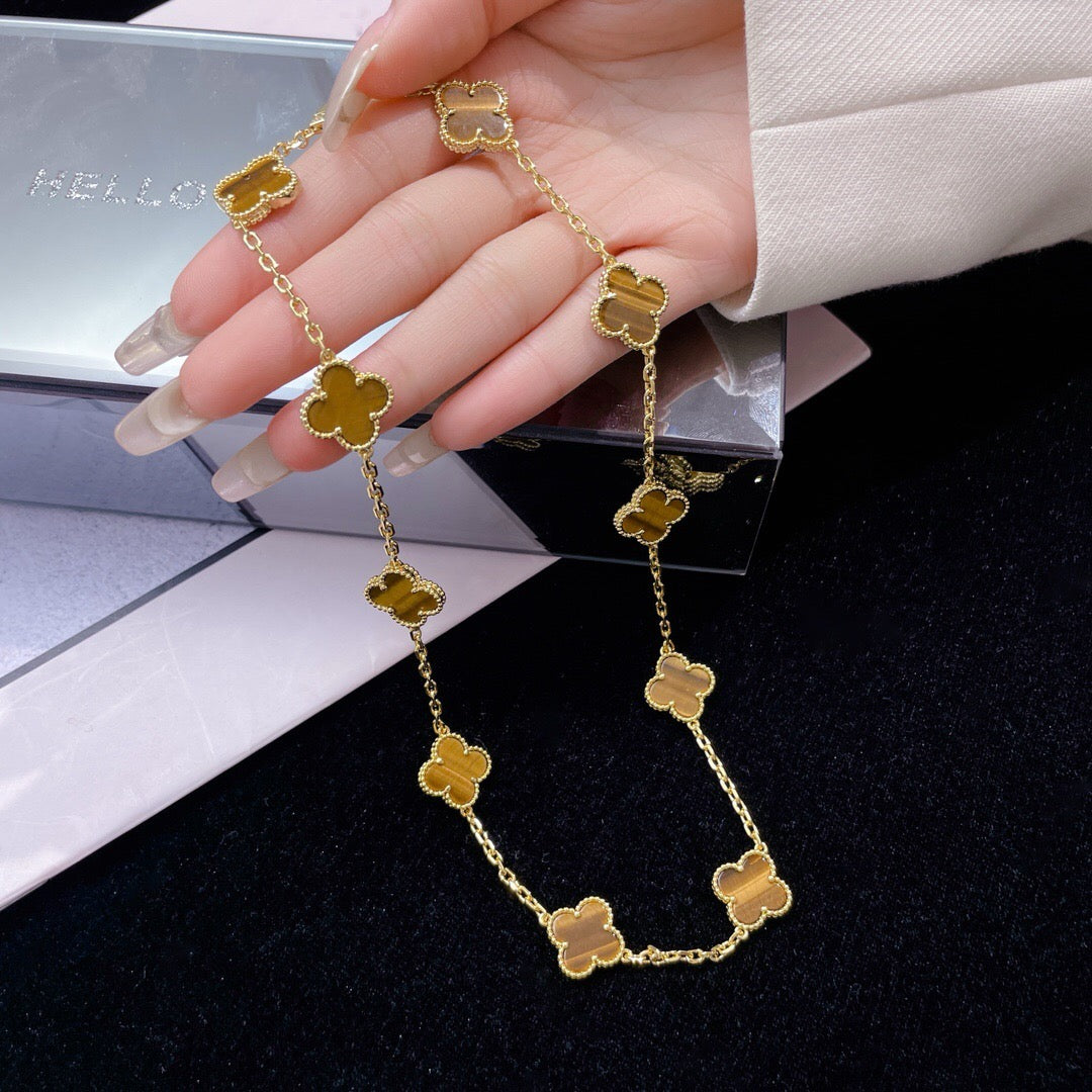 [Pearl Jewelrys]CLOVERS THE 10-MOTIFS TIGER EYE NECKLACE