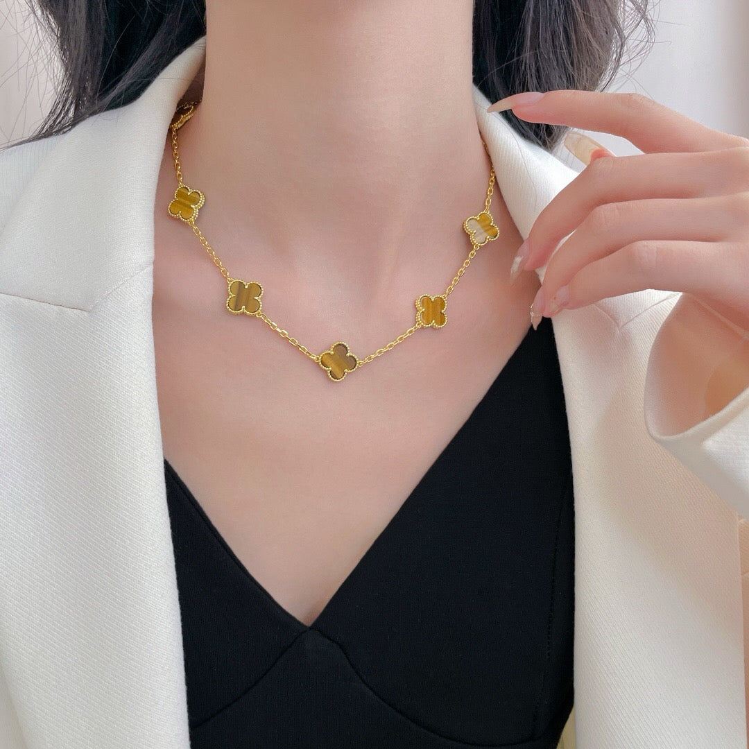 [Pearl Jewelrys]CLOVERS THE 10-MOTIFS TIGER EYE NECKLACE