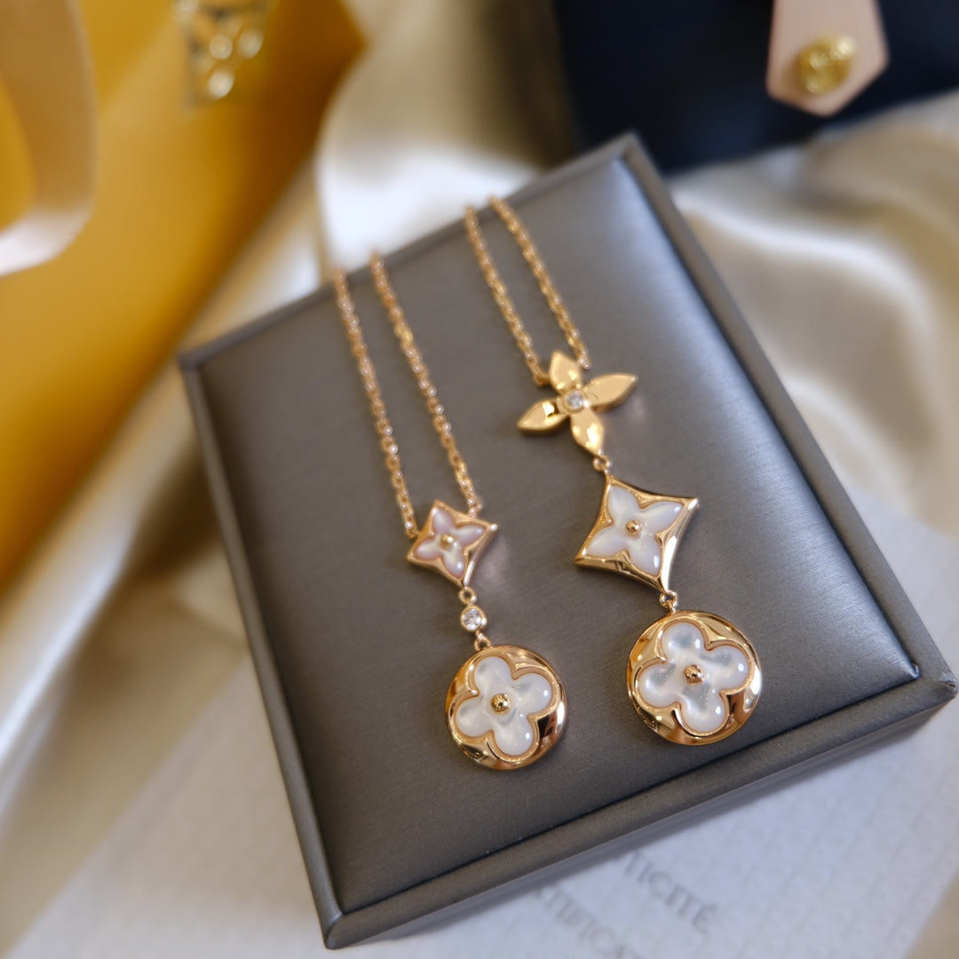 [Pearl Jewelrys]COLOR BLOSSOM LARIAT NECKLACE PINK GOLD WHITE MOTHER PEARL AND DIAMOND