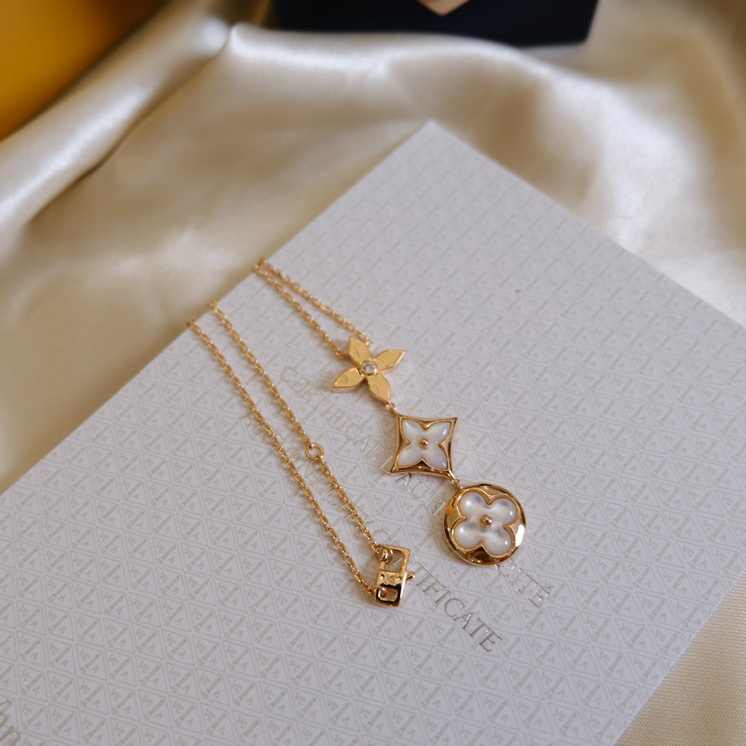 [Pearl Jewelrys]COLOR BLOSSOM LARIAT NECKLACE PINK GOLD WHITE MOTHER PEARL AND DIAMOND