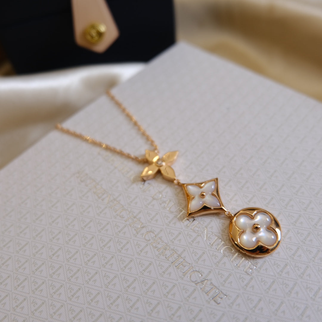 [Pearl Jewelrys]COLOR BLOSSOM LARIAT NECKLACE PINK GOLD WHITE MOTHER PEARL AND DIAMOND