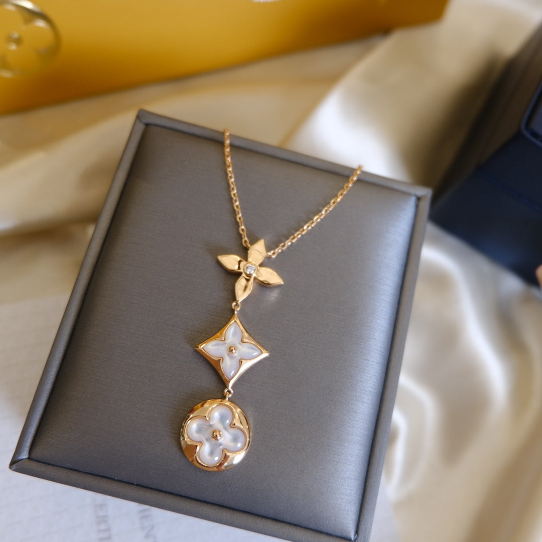 [Pearl Jewelrys]COLOR BLOSSOM LARIAT NECKLACE PINK GOLD WHITE MOTHER PEARL AND DIAMOND