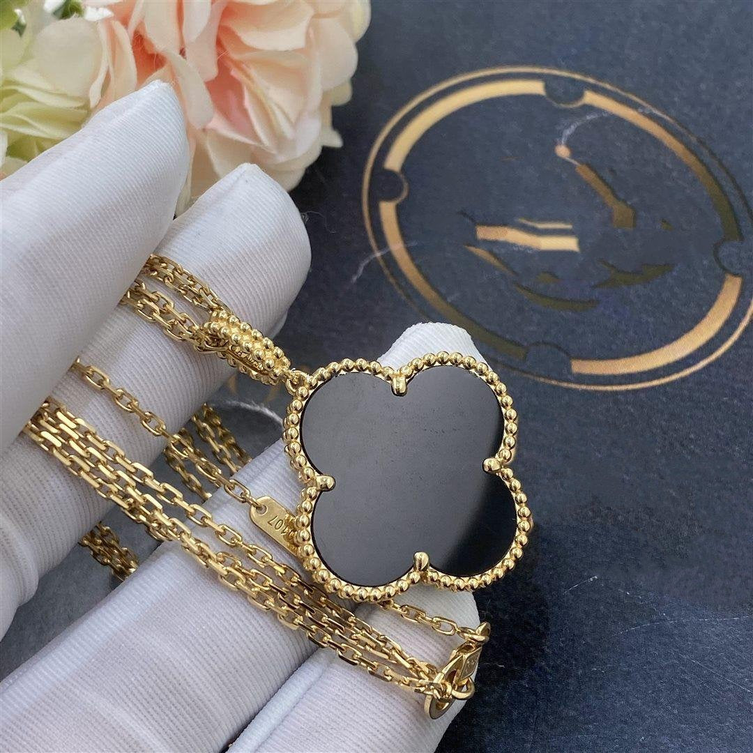 [Pearl Jewelrys]CLOVER 25MM GOLD ONYX BIG CLOVER NECKLACE
