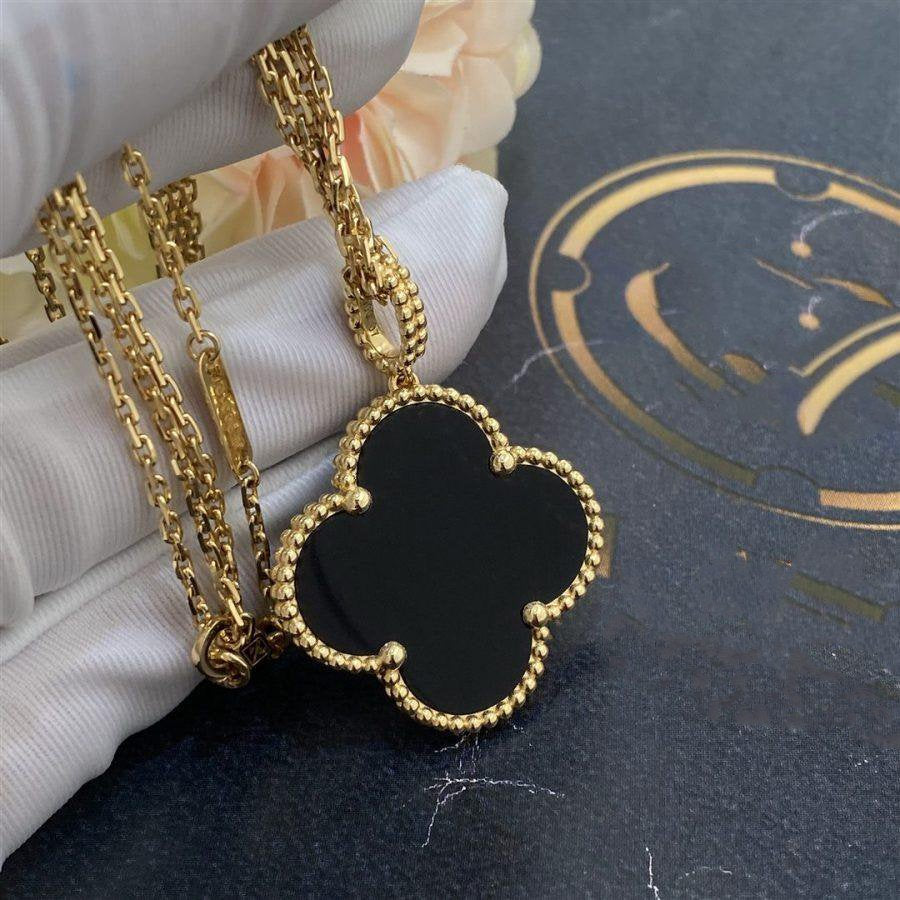 [Pearl Jewelrys]CLOVER 25MM GOLD ONYX BIG CLOVER NECKLACE