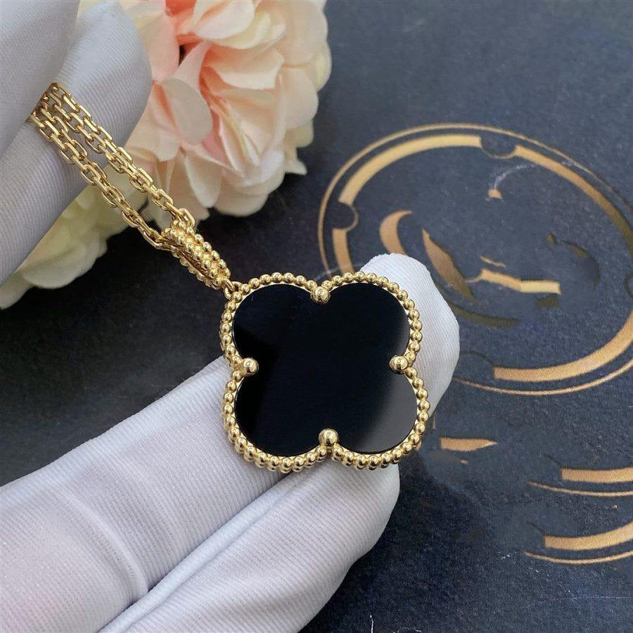 [Pearl Jewelrys]CLOVER 25MM GOLD ONYX BIG CLOVER NECKLACE
