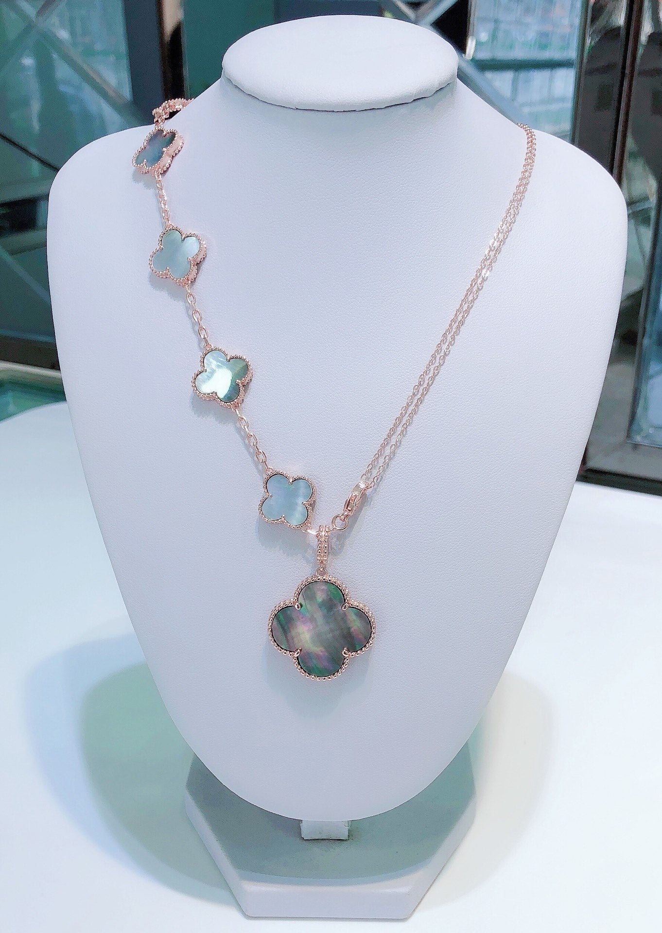 [Pearl Jewelrys]COMBINED BRACELET 5 MOTIFS AND NECKLACE DARK MOP ROSE GOLD