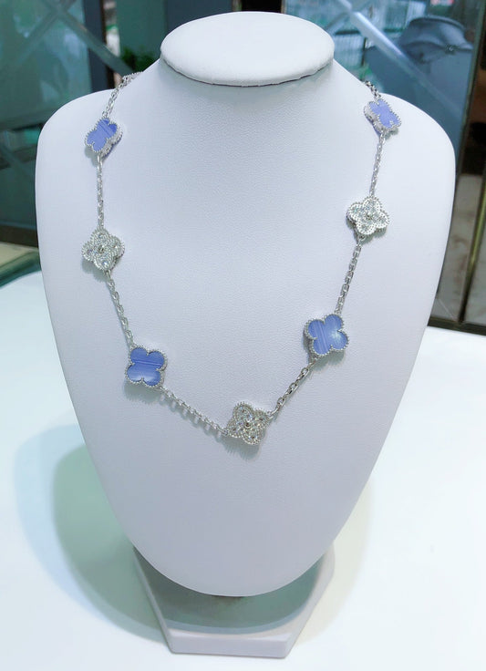 [Pearl Jewelrys]CLOVER 10 MOTIFS CHALCEDONY DIAMONDS SILVER NECKLACE