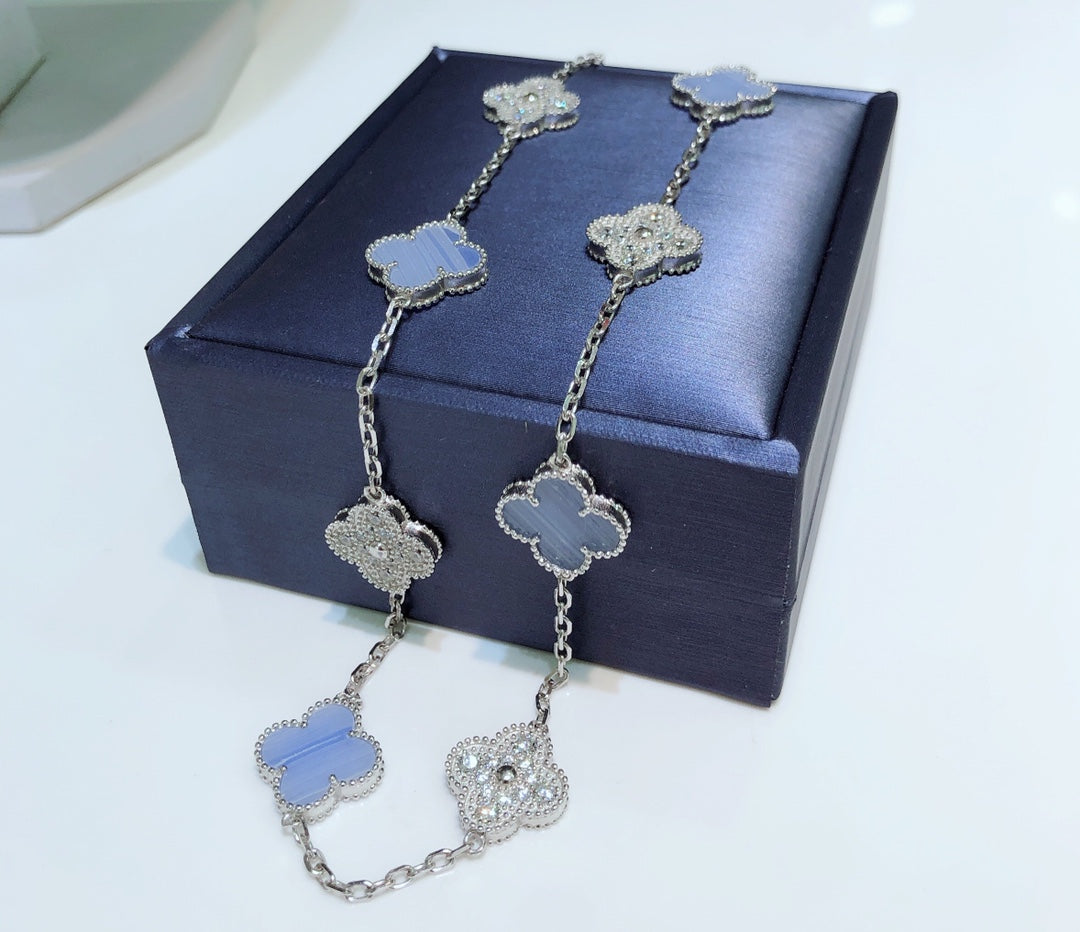 [Pearl Jewelrys]CLOVER 10 MOTIFS CHALCEDONY DIAMONDS SILVER NECKLACE