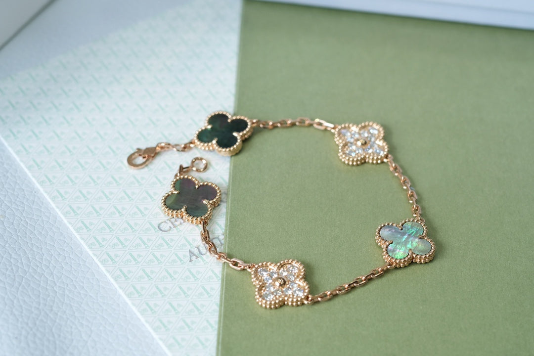 [Pearl Jewelrys]CLOVER 5 MOTIFS DARK MOP AND DIAMONDS PINK GOLD BRACELET