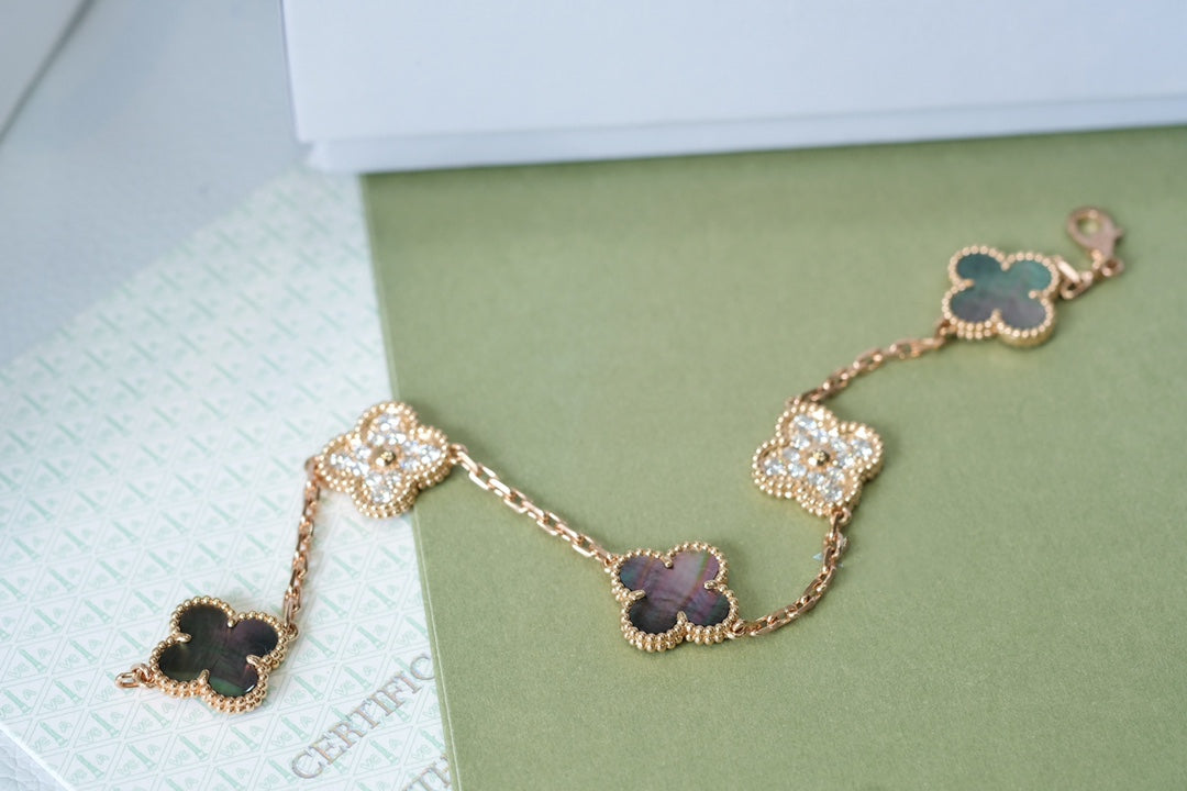 [Pearl Jewelrys]CLOVER 5 MOTIFS DARK MOP AND DIAMONDS PINK GOLD BRACELET