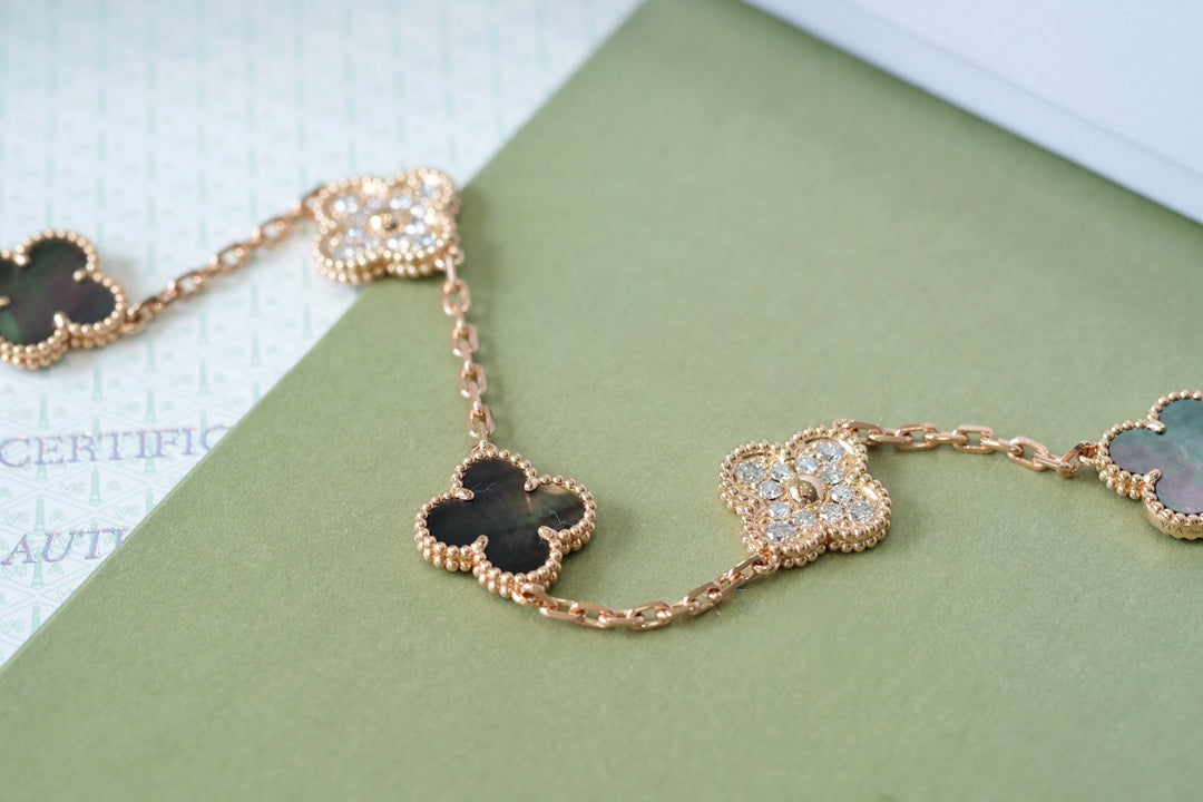 [Pearl Jewelrys]CLOVER 5 MOTIFS DARK MOP AND DIAMONDS PINK GOLD BRACELET
