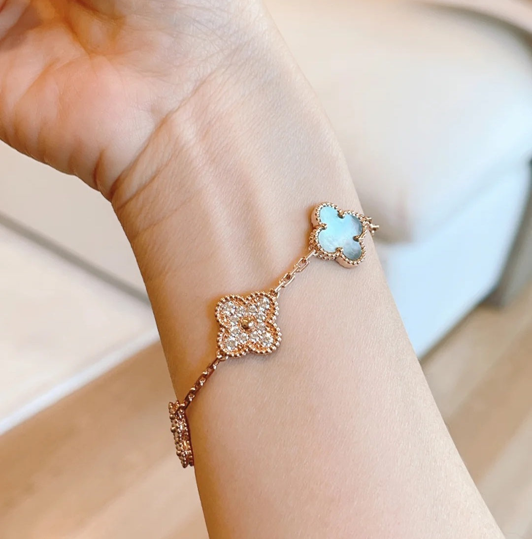 [Pearl Jewelrys]CLOVER 5 MOTIFS DARK MOP AND DIAMONDS PINK GOLD BRACELET
